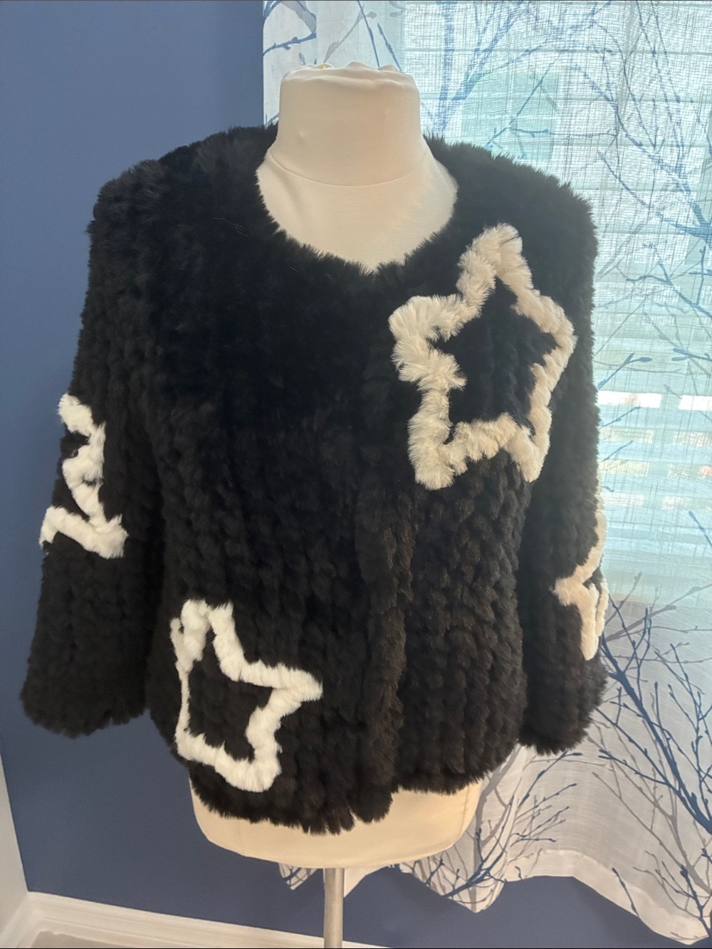 Belle Vere Black Faux Fur Jacket with White Star Design